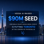 Veeda AI Raises $90M Seed - Toronto skyline with headline graphic