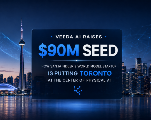 Veeda AI Raises $90M Seed - Toronto skyline with headline graphic